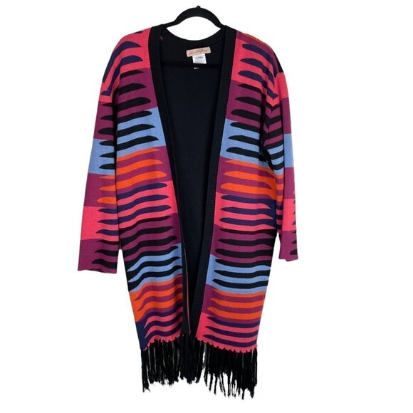 Mara Hoffman Striped Fringe Jacquard Knit Open Cardigan Black Pink One Size - Picture 2 of 7